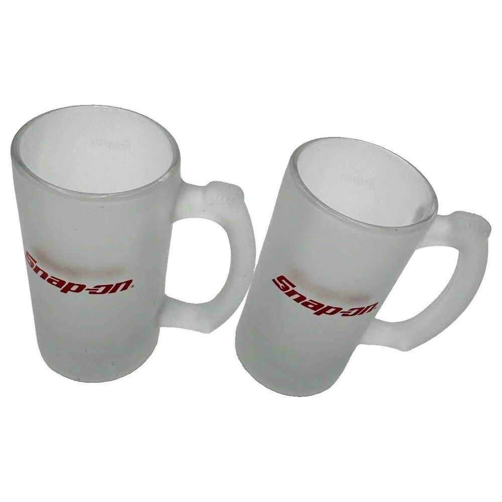 Lot of 2 Snap-on Frosted Glass Advertising Mug Cup w/ Handle White Red Logo